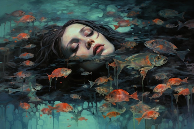 Gemälde einer Frau mit geschlossenen Augen, umgeben von Goldfischen.