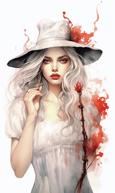 Gemälde einer Frau mit Hut und einer Rose in der Hand generative KI
