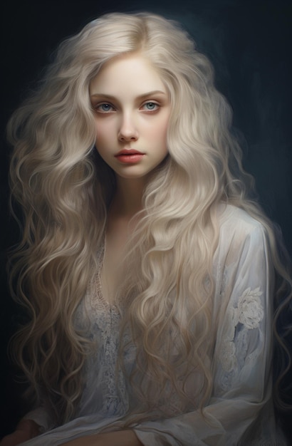 Gemälde einer Frau mit langen blonden Haaren und blauen Augen generativ ai