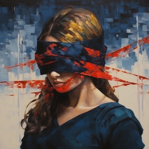 Gemälde einer Frau mit verbundenen Augen und Blutspritzern im Gesicht. Generative KI