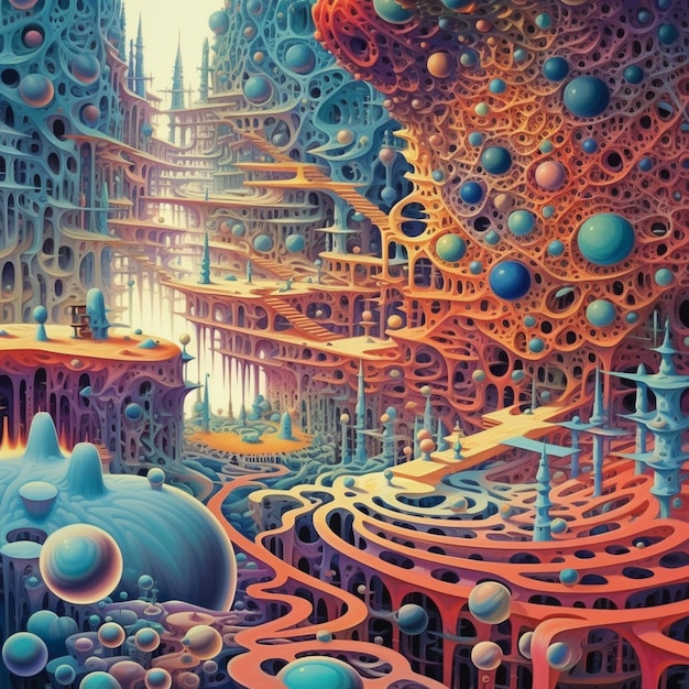 Gemälde einer futuristischen Stadt mit einem riesigen Labyrinth und einer riesigen generativen Uhr