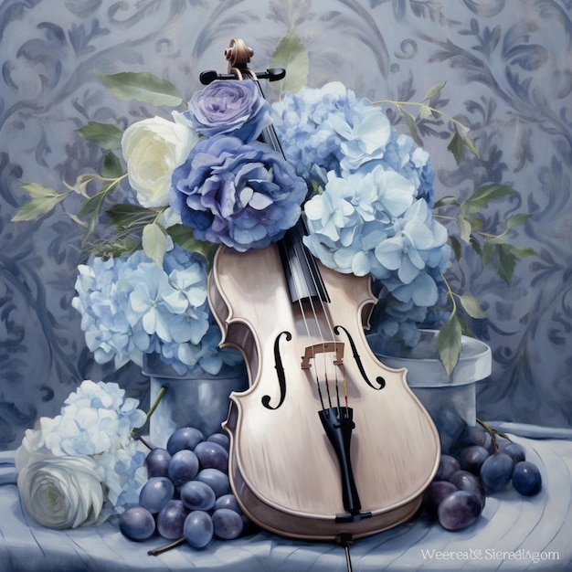 Gemälde einer Geige und Weintrauben auf einem Tisch mit blauem Hintergrund, generative KI