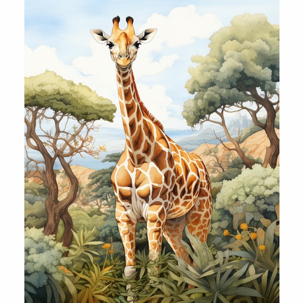 Foto gemälde einer giraffe, die in einem feld mit gras und bäumen steht