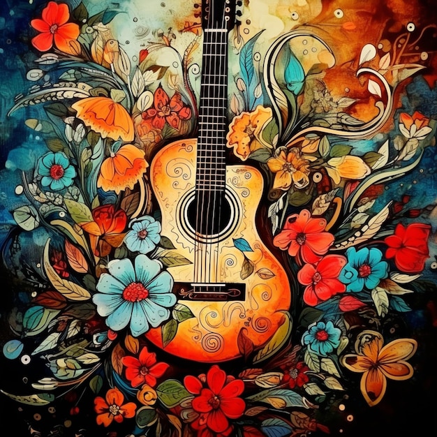 Gemälde einer Gitarre mit Blumen und Schmetterlingen auf blauem Hintergrund