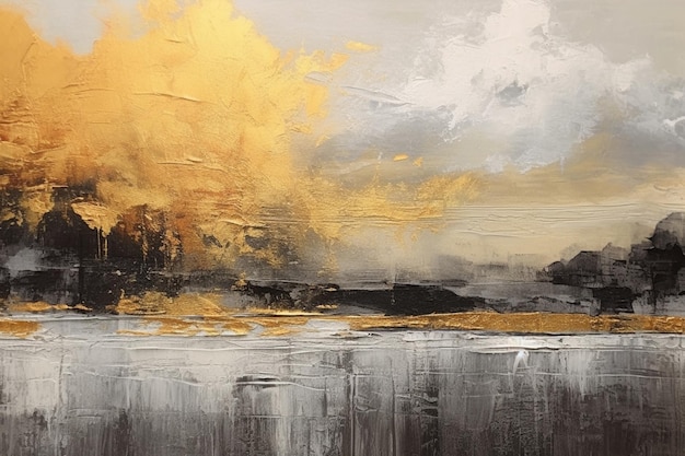 Gemälde einer goldenen und schwarzen Landschaft mit einem generativen See ai