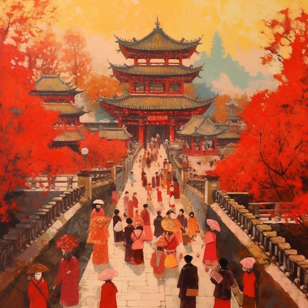 Gemälde einer Gruppe von Menschen, die einen Gehweg in einem Park entlang gehen