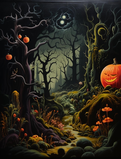Gemälde einer Halloween-Szene mit einem Kürbis im Wald, generative KI