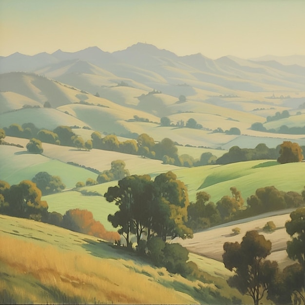 Gemälde einer hügeligen Landschaft mit Bäumen und Hügeln in der Ferne, generative KI