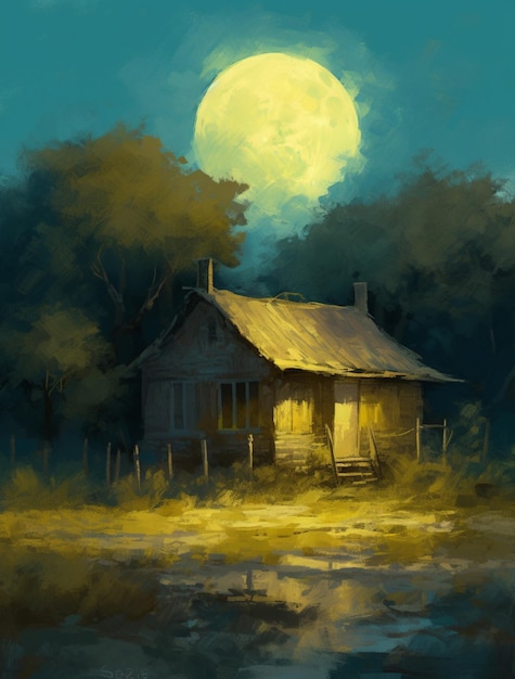 Gemälde einer Hütte auf einem Feld mit Vollmond im Hintergrund generative KI