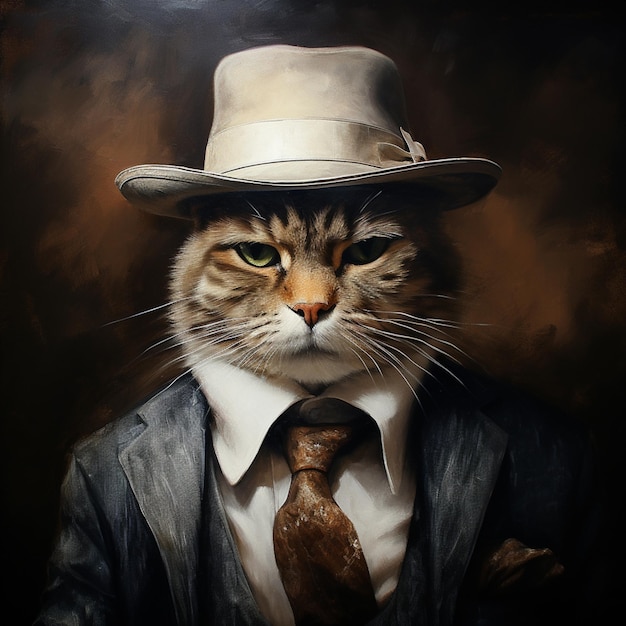 Gemälde einer Katze, die einen Anzug und eine Krawatte mit einem Hut trägt