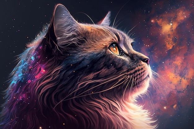 Gemälde einer Katze, die zu den Sternen am Himmel hinaufschaut, generative KI