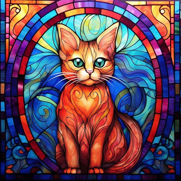Gemälde einer Katze mit blauem Auge, die in einem Buntglasfenster sitzt