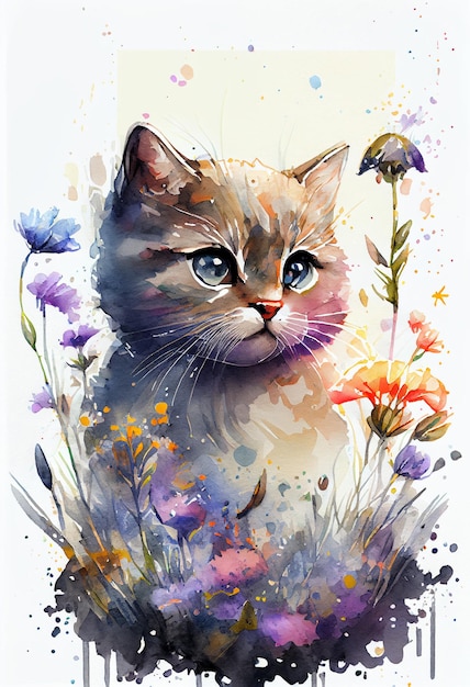 Gemälde einer Katze mit blauen Augen, die in einem Blumenfeld sitzt