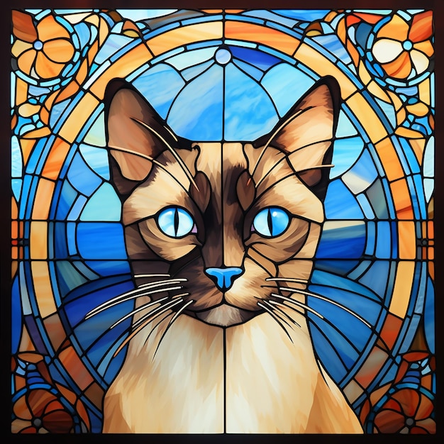 Gemälde einer Katze mit blauen Augen in einem Buntglasfenster