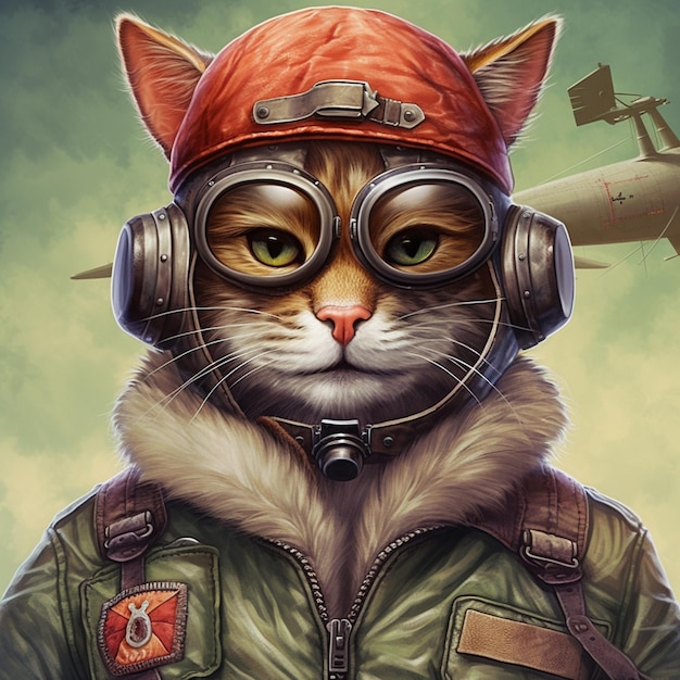 Gemälde einer Katze mit einem Pilotenhelm und einer Fliegerjacke