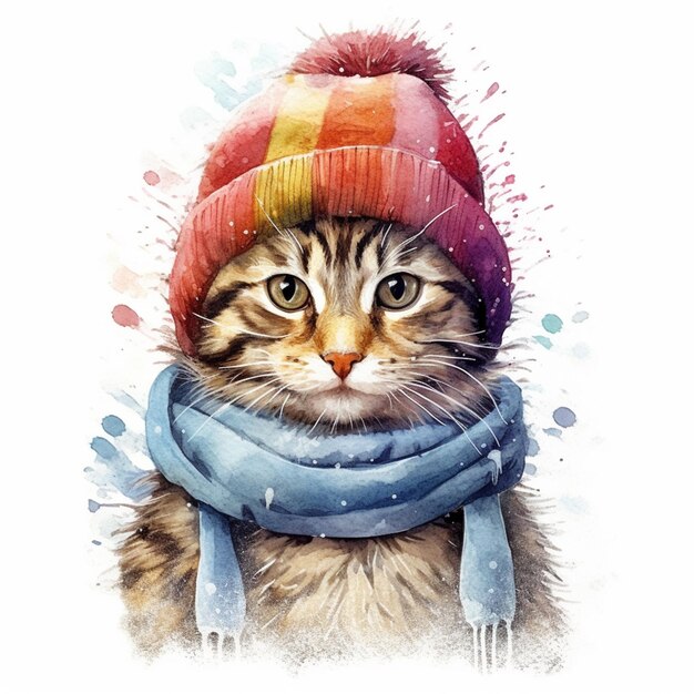Gemälde einer Katze mit Hut und Schal generativ ai