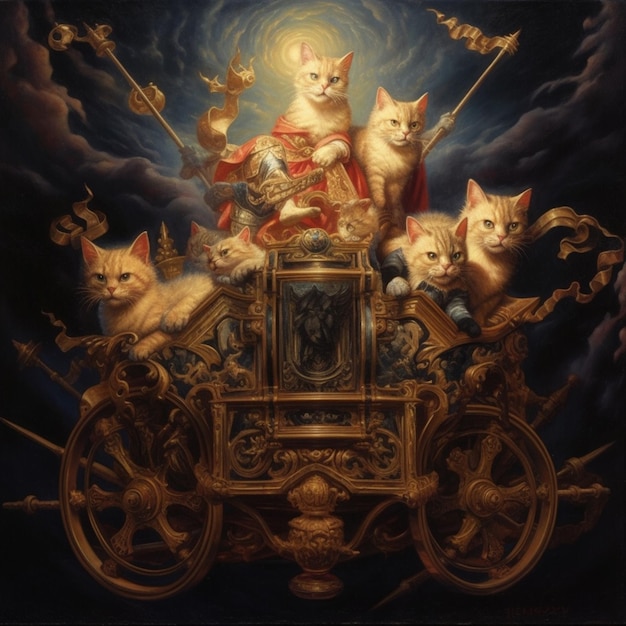 Gemälde einer Katzenwagen mit Katzen darauf und einer Katze auf der Rückseite generative ai