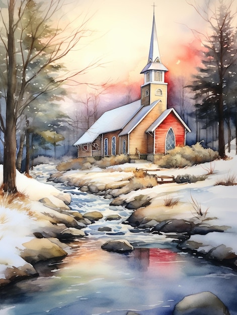 Gemälde einer Kirche im Schnee mit einem Bach, der durch sie fließt