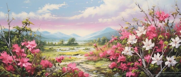 Gemälde einer Landschaft mit Blumen und einem Bach im Vordergrund generative KI