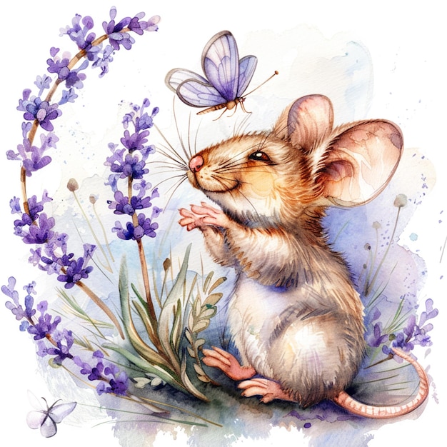 Gemälde einer Maus mit einem Schmetterling auf der Nase und einer Blume im Mund generativ ai