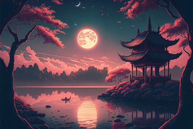 Gemälde einer Pagode mit Vollmond im Hintergrund generative ai