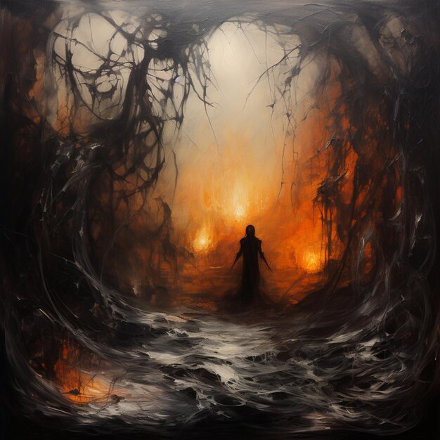 Gemälde einer Person, die in einem dunklen Wald mit einem Feuer erzeugenden KI steht
