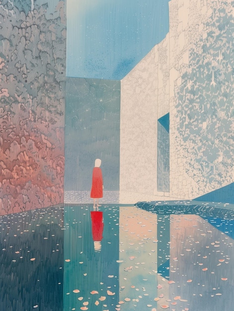 Gemälde einer Person in einem roten Kleid, die in einem Pool steht