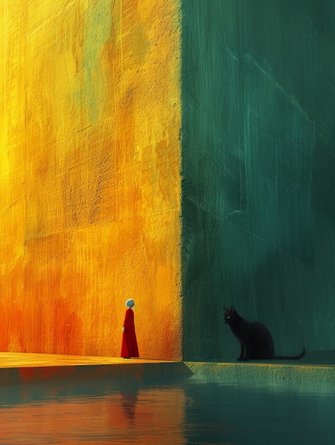 Gemälde einer Person in einem roten Kleid und einer Katze in einem gelben Raum generative ai