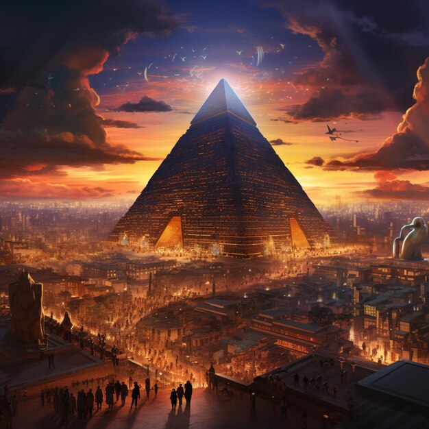 Gemälde einer Pyramide mit einer Pyramide in der Mitte generativ ai