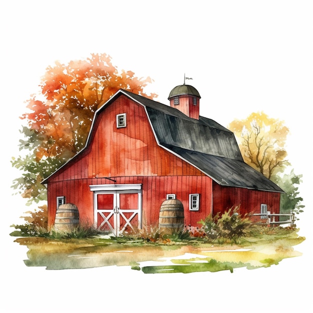 Gemälde einer roten Scheune mit schwarzem Dach und weißer Tür