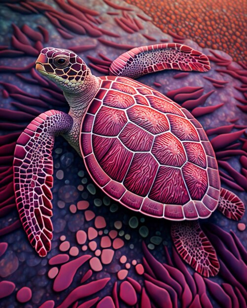 Gemälde einer Schildkröte auf einem Bett aus generativen roten Algen