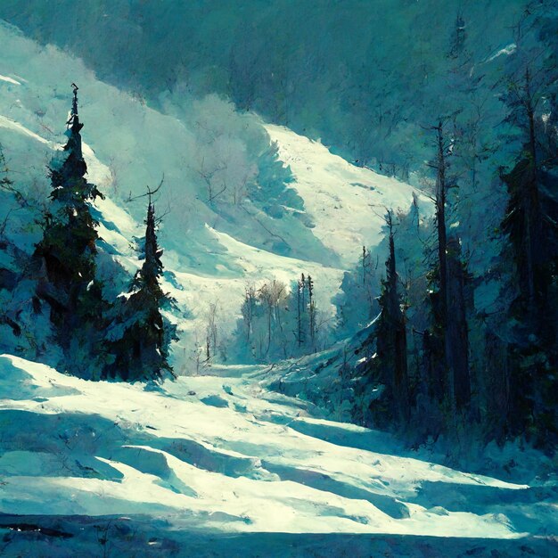 Gemälde einer schneebedeckten Bergszene mit Bäumen und Schnee