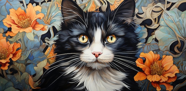 Gemälde einer schwarz-weißen Katze mit gelben Augen und einem blumigen Hintergrund