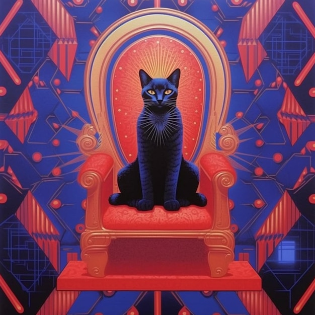 Foto gemälde einer schwarzen katze, die auf einem roten stuhl mit blauem hintergrund sitzt