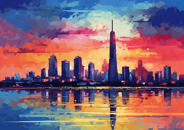 Gemälde einer Skyline einer Stadt mit einer Spiegelung im Wasser, generative KI