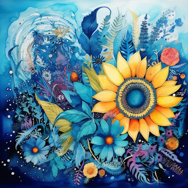 Gemälde einer Sonnenblume, umgeben von Blumen und Blättern, generative KI