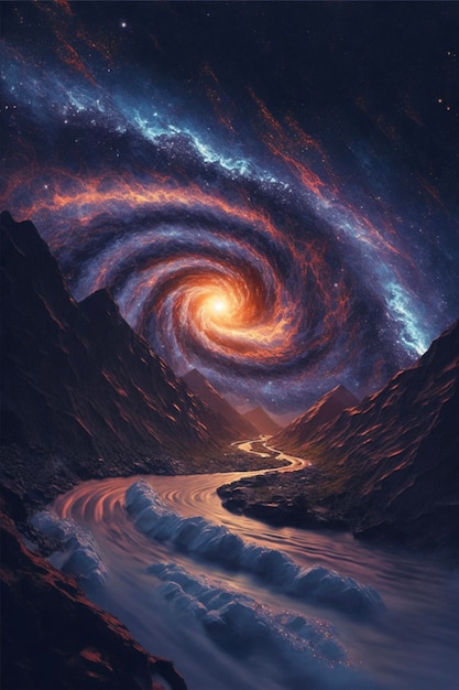 Gemälde einer Spiralgalaxie mit einem Fluss im Vordergrund, generative KI