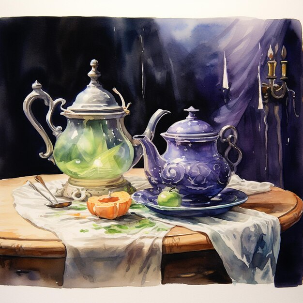 Gemälde einer Teekanne und eines Tisches auf einem Tisch mit einem Stoff generativen ai