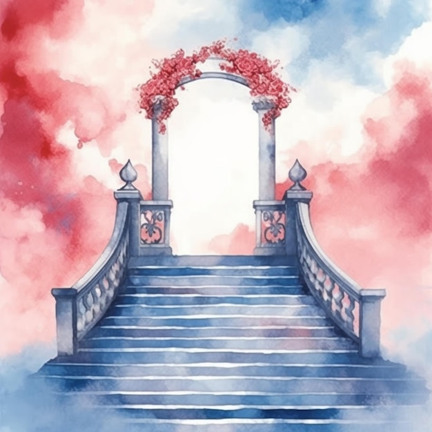 Gemälde einer Treppe, die zu einer Tür mit einem roten Rosenbogen führt