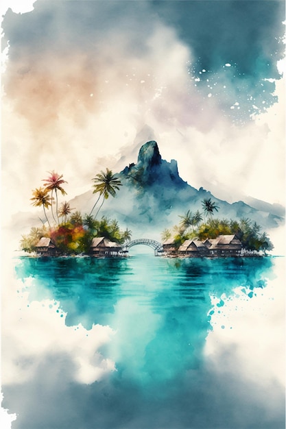 Gemälde einer tropischen Insel mit Berg im Hintergrund, generative KI