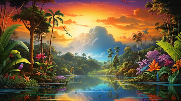Gemälde einer tropischen Szene mit einem Fluss und Vögeln generative ai