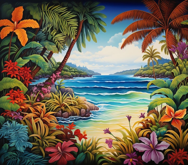 Gemälde einer tropischen Szene mit Strand und Palmen generative KI
