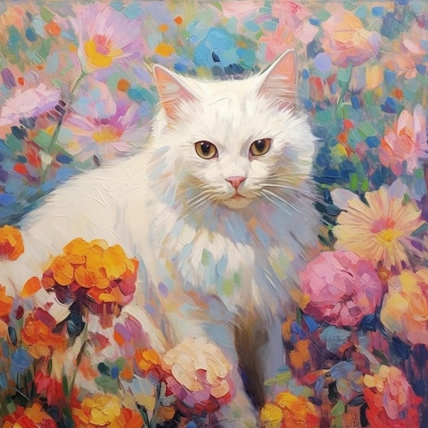 Gemälde einer weißen Katze, die in einem Blumenfeld sitzt generative KI