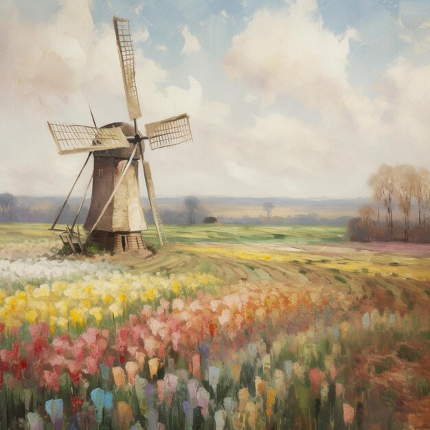 Gemälde einer Windmühle auf einem Blumenfeld mit einem Himmel als Hintergrund