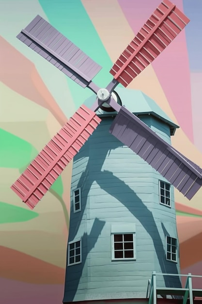 Gemälde einer Windmühle mit dem Schatten einer Person darauf generative KI