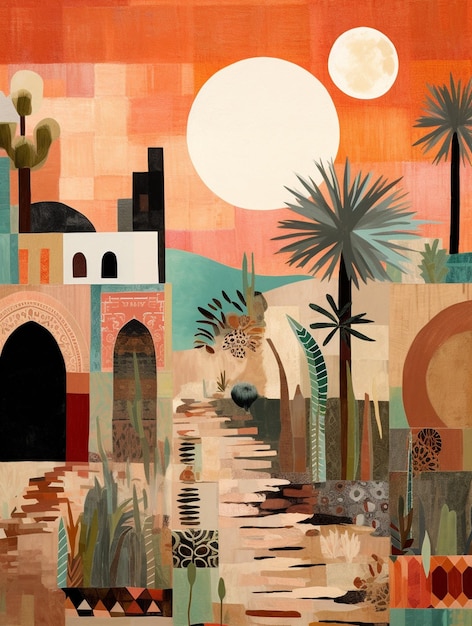 Gemälde einer Wüstenszene mit einem Fluss und Palmen