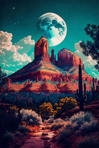 Gemälde einer Wüstenszene mit einer generativen Vollmond-KI