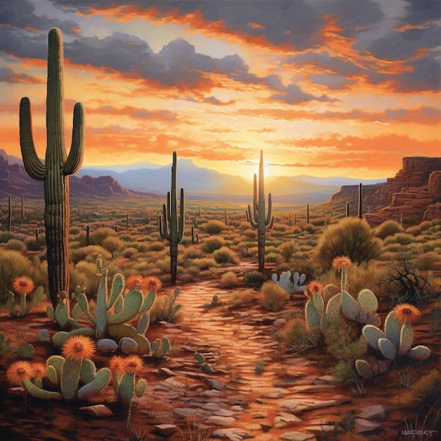 Gemälde einer Wüstenszene mit Kaktusbäumen und einem Sonnenuntergang