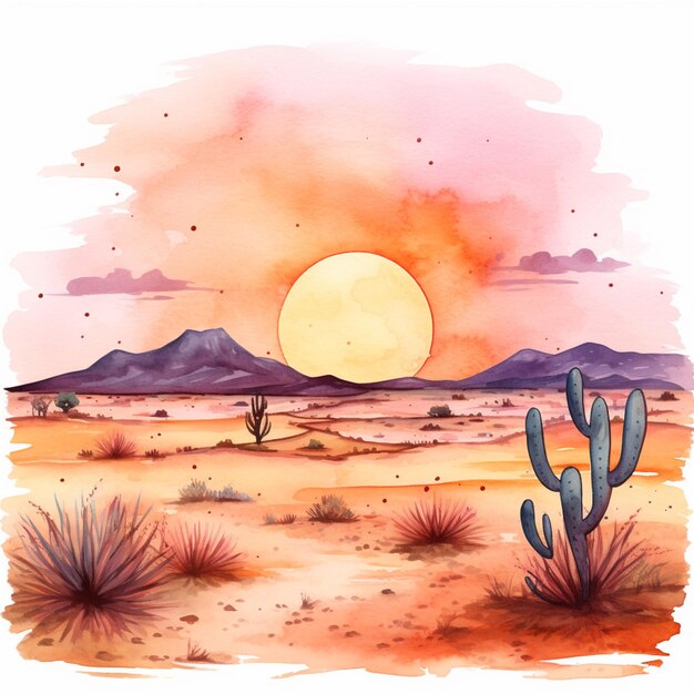 Gemälde einer Wüstenszene mit Sonnenuntergang und Kaktuspflanzen generativ ai