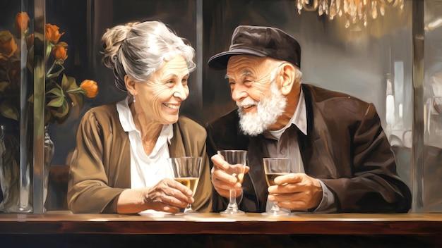 Gemälde eines älteren Paares, das Weingläser hält